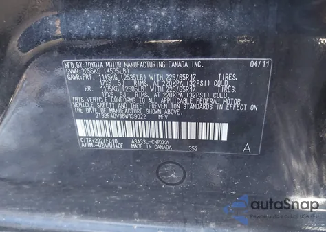 2011 Toyota Rav4 from USA, damaged, VIN 2T3BF4DV8BW139022
